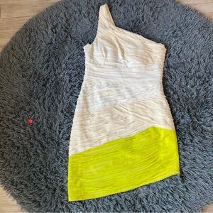 Bebe,One shoulder mini dress,Large,white/Neo yellow
